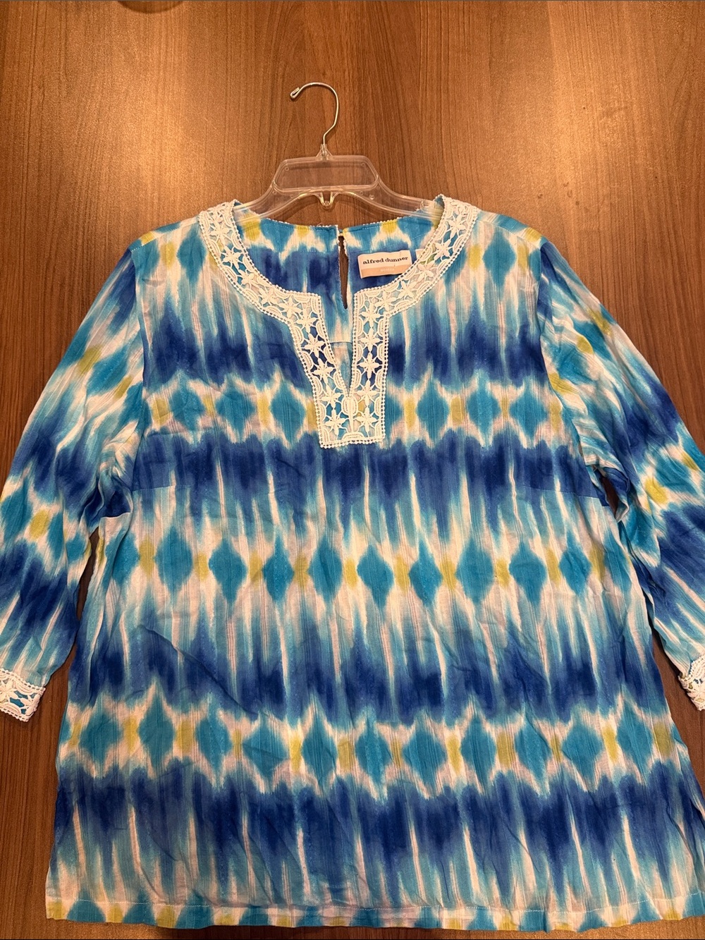 Alfred Dunner Blue White Tie-Dye Lace-Trim Blouse
